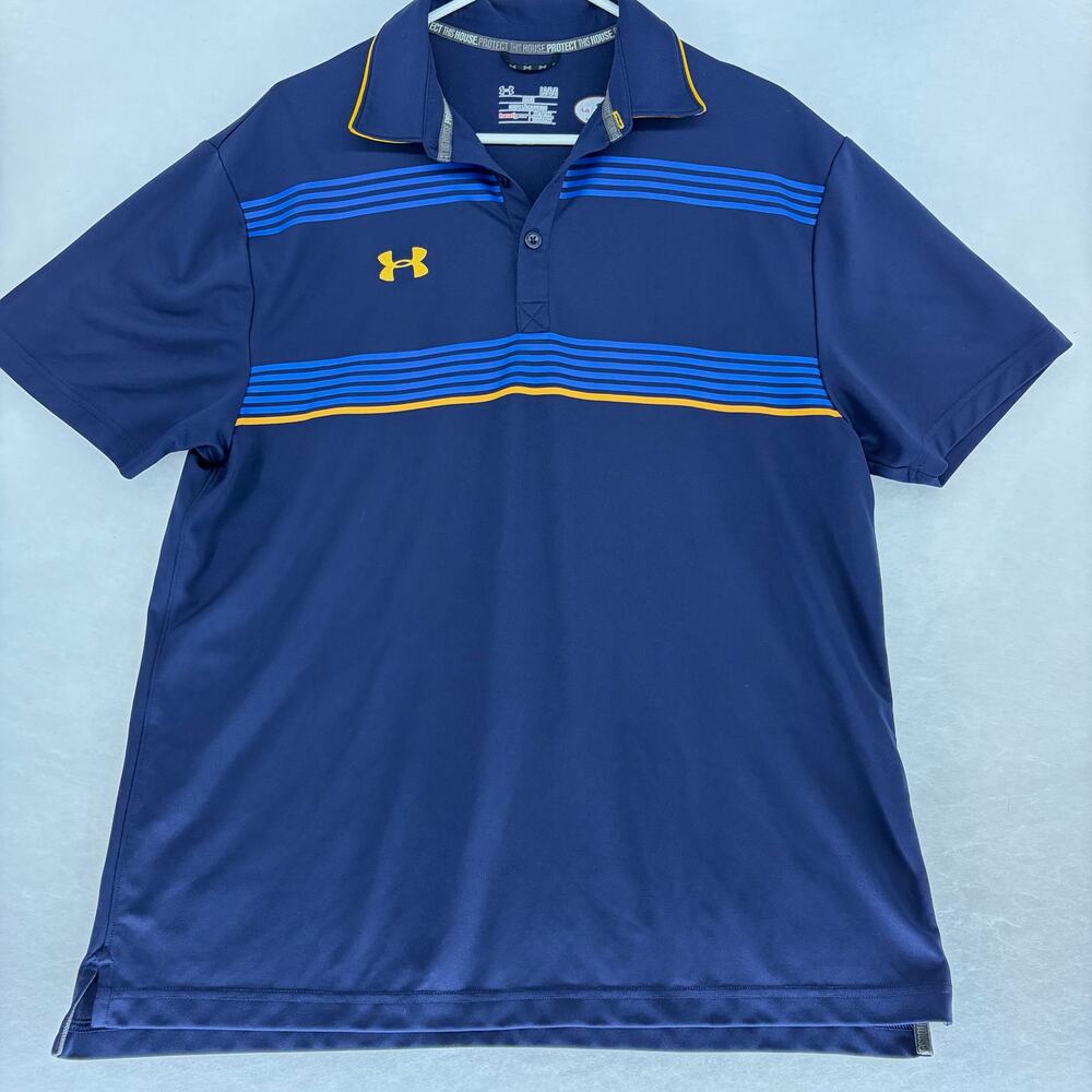 Under Armour HeatGear Polo Shirt Men's Large Navy Blue Gold Striped Golf